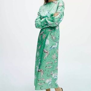 Zara dress astrology horoscope illustrations large long sleeve midi green NWOT